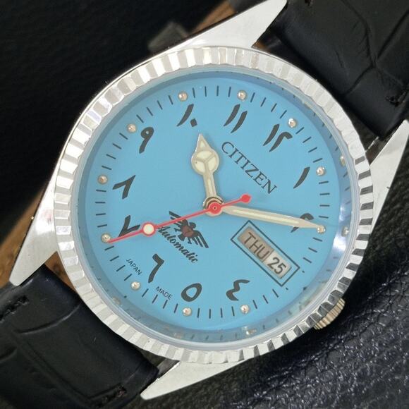 Vintage 1981 Citizen Automatic Mens Silver Watch W/daydate & Blue accents